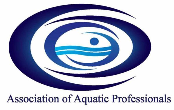 Logo for the Association of Aquatic Professionals featuring stylized blue waves and a circle resembling a swimmer inside layered oval shapes, with the organizations name below the image.