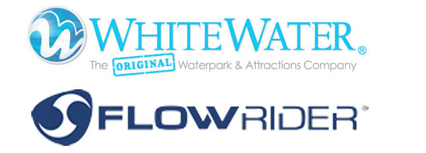Logos for WhiteWater, labeled The Original Waterpark & Attractions Company, and FlowRider feature blue and white color schemes with stylized wave icons, emphasizing FlowRider’s innovative approach to aquatic attractions.