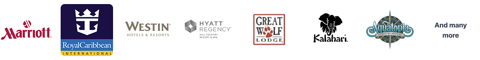 Logos of Marriott, Royal Caribbean International, Westin Hotels & Resorts, Hyatt Regency, Great Wolf Lodge, Kalahari, and Schlitterbahn, followed by the text And many more on a white background.