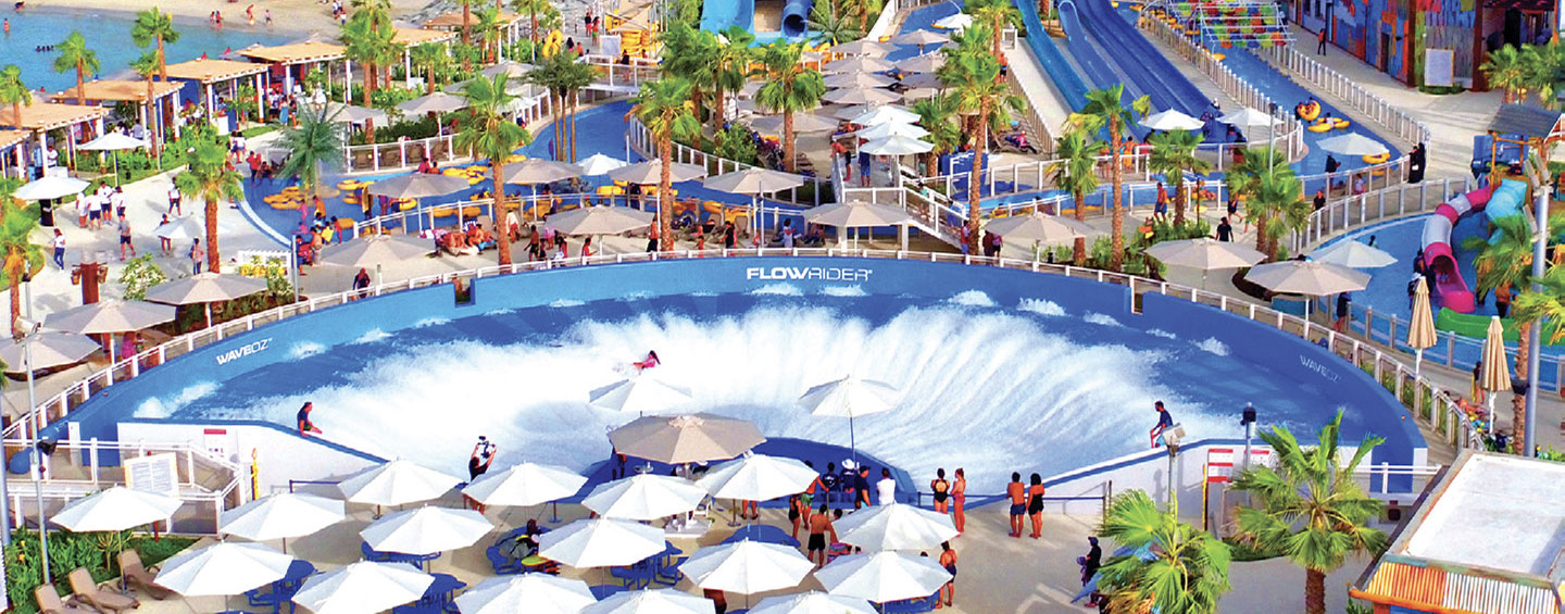 A vibrant water park scene with palm trees, sun umbrellas, people walking, and a large wave pool labeled FlowRider where several individuals are surfing or watching. Other water slides and colorful structures are visible in the background.