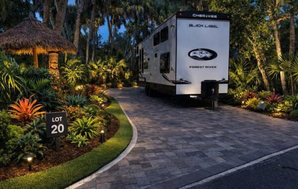 An RV is parked on a paved driveway at a lush, tropical FlowSurf campsite marked Lot 20 in the evening. Decorative lights illuminate palm trees, vibrant plants, and a thatched-roof hut nearby.