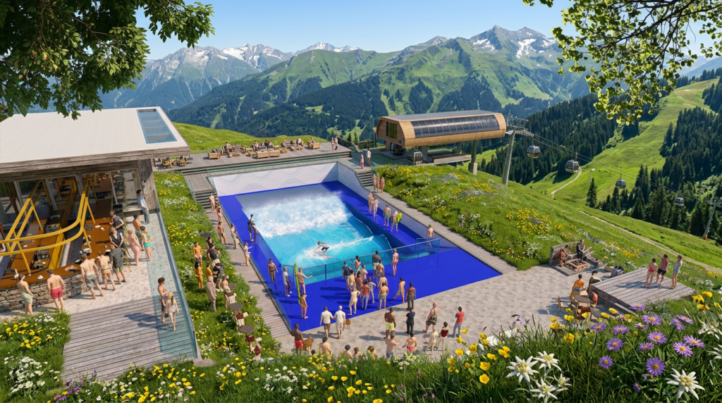 People gather around the FlowSurf outdoor artificial wave pool set in a scenic mountain landscape with green hills, wildflowers, and distant snow-capped peaks; a ski lift and modern lodge are nearby.